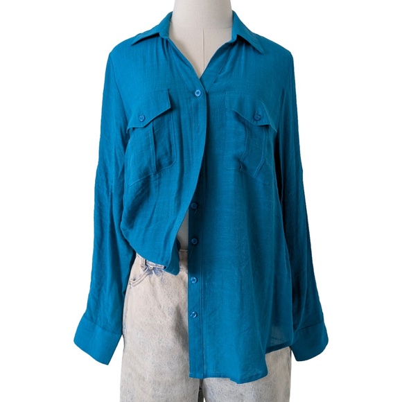 Teal Button Down Blouse Top Rayon Soft Lightweight Relaxed Fit Long Sleeve - Picture 1 of 9